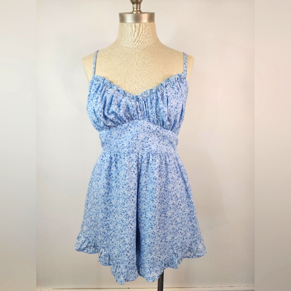 Trixxi Women's Sky Blue Flowy Floral Adjustable Spaghetti Strap Rompers, sz LG - Picture 1 of 16